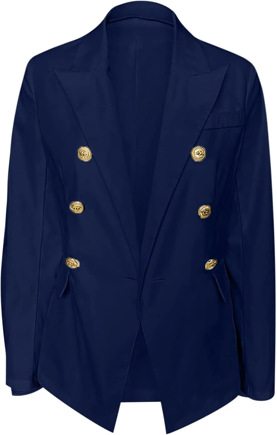Double Breasted Blazer Women Gold Button Notch Suit Jacket Long Sleeve Business Casual Lapel Coat for Work