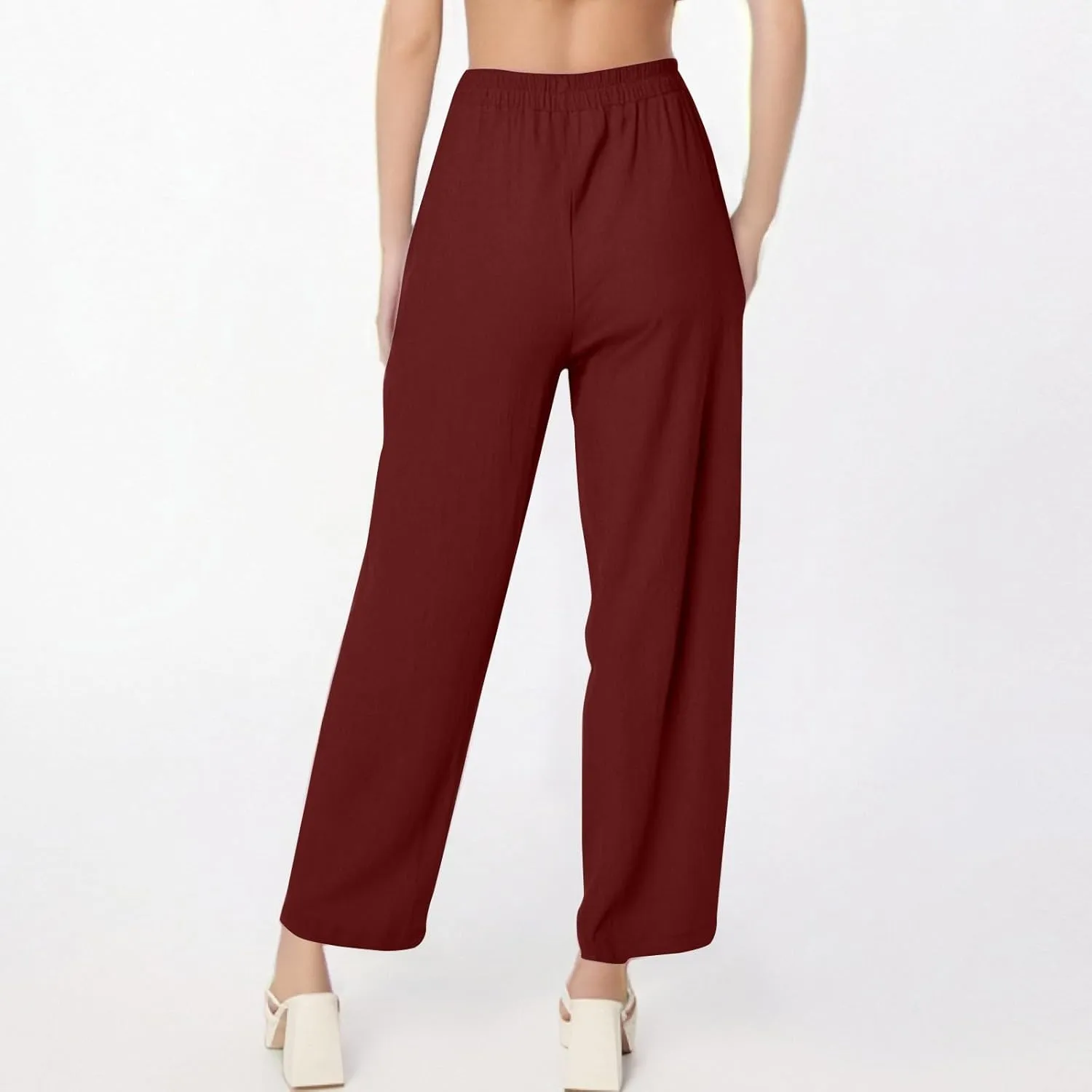 Dressy Palazzo Pants for Women Flowy Linen Pants Elastic High Waist Summer Work Pant Trouser Lounge Pant with Pocket