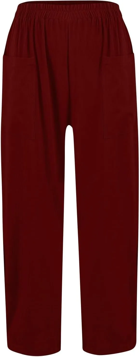 Dressy Palazzo Pants for Women Flowy Linen Pants Elastic High Waist Summer Work Pant Trouser Lounge Pant with Pocket