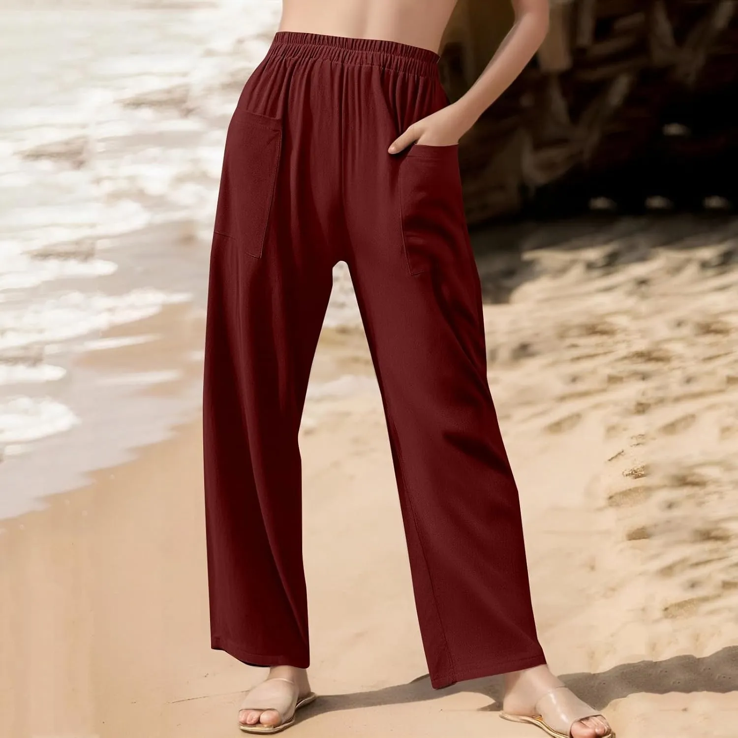 Dressy Palazzo Pants for Women Flowy Linen Pants Elastic High Waist Summer Work Pant Trouser Lounge Pant with Pocket
