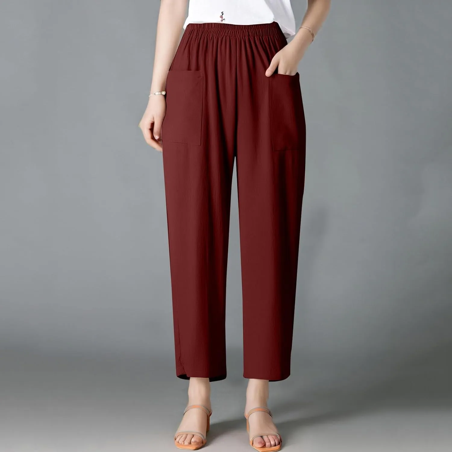 Dressy Palazzo Pants for Women Flowy Linen Pants Elastic High Waist Summer Work Pant Trouser Lounge Pant with Pocket