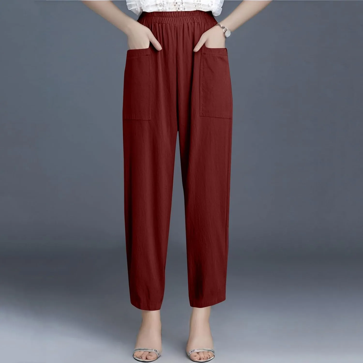 Dressy Palazzo Pants for Women Flowy Linen Pants Elastic High Waist Summer Work Pant Trouser Lounge Pant with Pocket