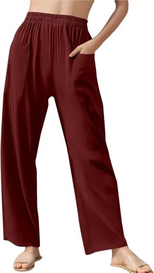 Dressy Palazzo Pants for Women Flowy Linen Pants Elastic High Waist Summer Work Pant Trouser Lounge Pant with Pocket