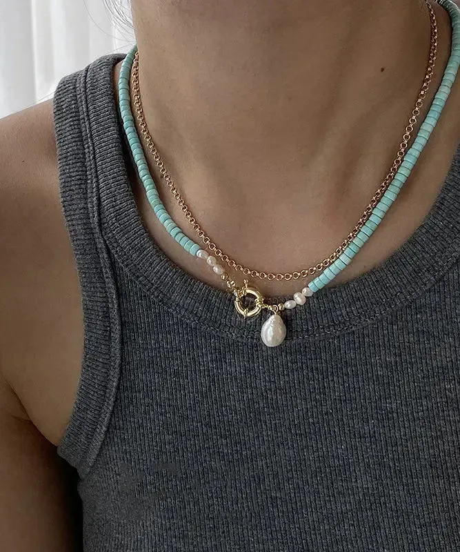 Elegant Green Copper Turquoise Pearl Pendant Necklace ML0250