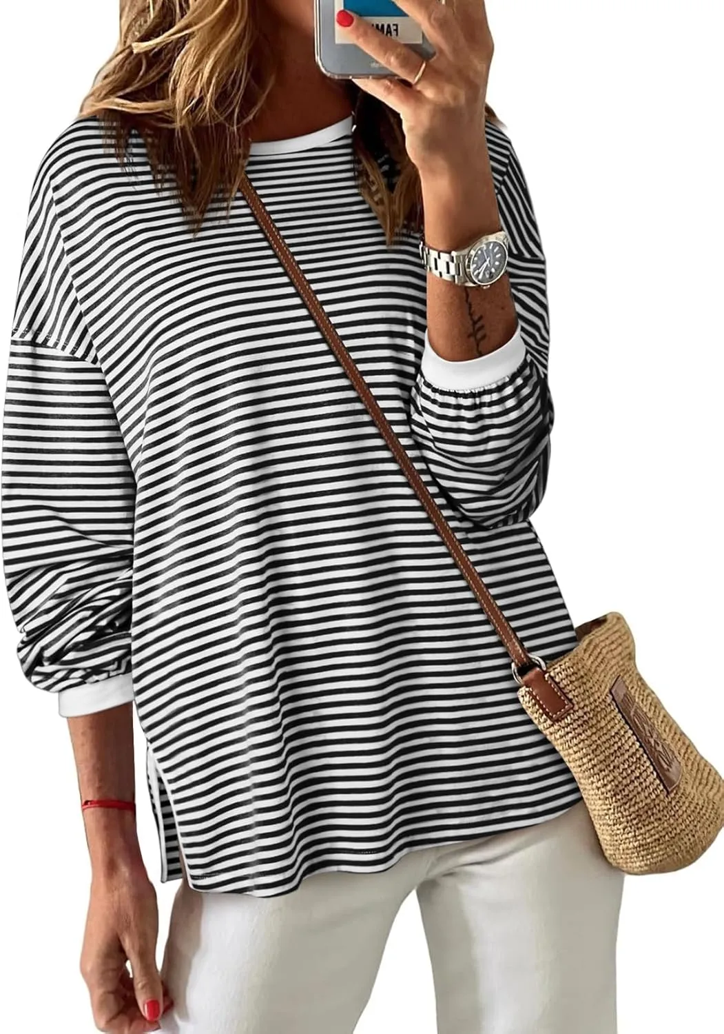 EVALESS Long Sleeve Shirts for Women Trendy Lightweight Crew Neck Striped Tee Shirt Top