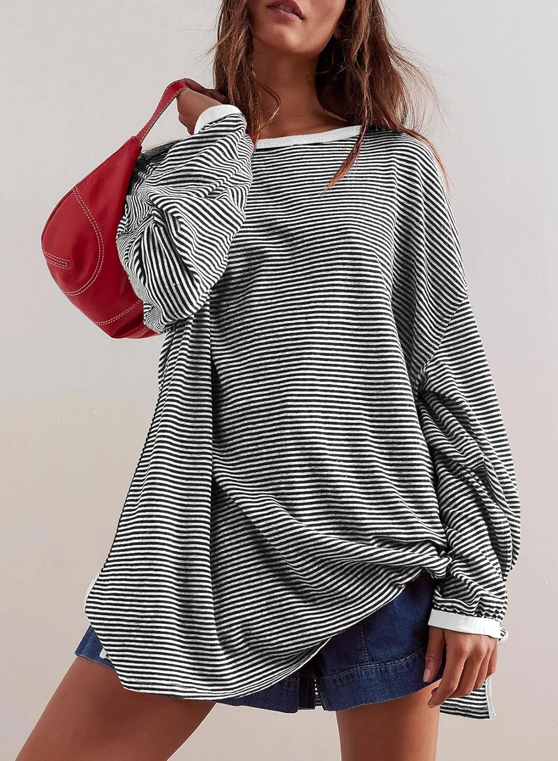 EVALESS Long Sleeve Shirts for Women Trendy Lightweight Crew Neck Striped Tee Shirt Top