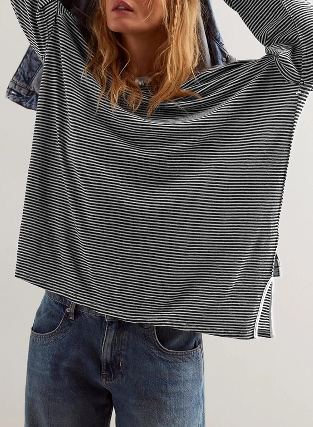 EVALESS Long Sleeve Shirts for Women Trendy Lightweight Crew Neck Striped Tee Shirt Top