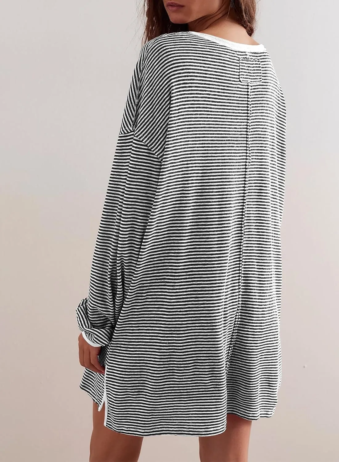 EVALESS Long Sleeve Shirts for Women Trendy Lightweight Crew Neck Striped Tee Shirt Top