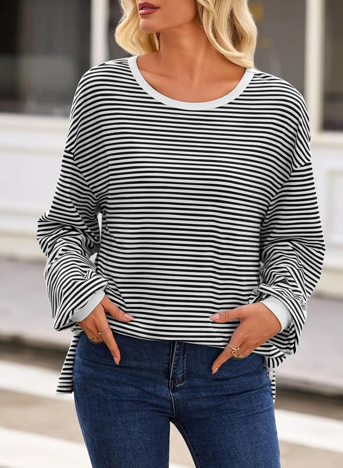EVALESS Long Sleeve Shirts for Women Trendy Lightweight Crew Neck Striped Tee Shirt Top