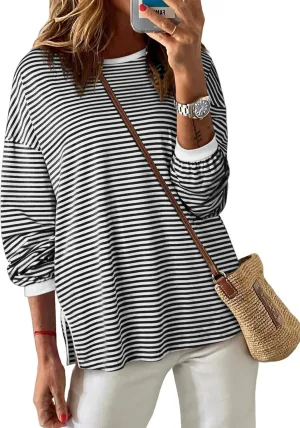EVALESS Long Sleeve Shirts for Women Trendy Lightweight Crew Neck Striped Tee Shirt Top