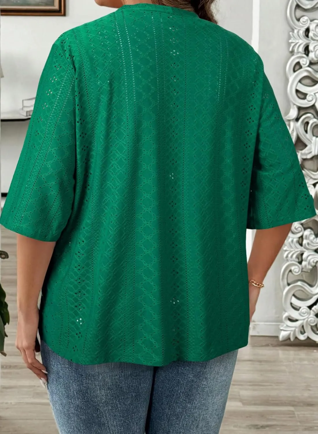Eytino Plus Size Cardigan for Women Half Sleeve Knitted Jacquard Summer Kimono Cover up Tops(1X-5X)