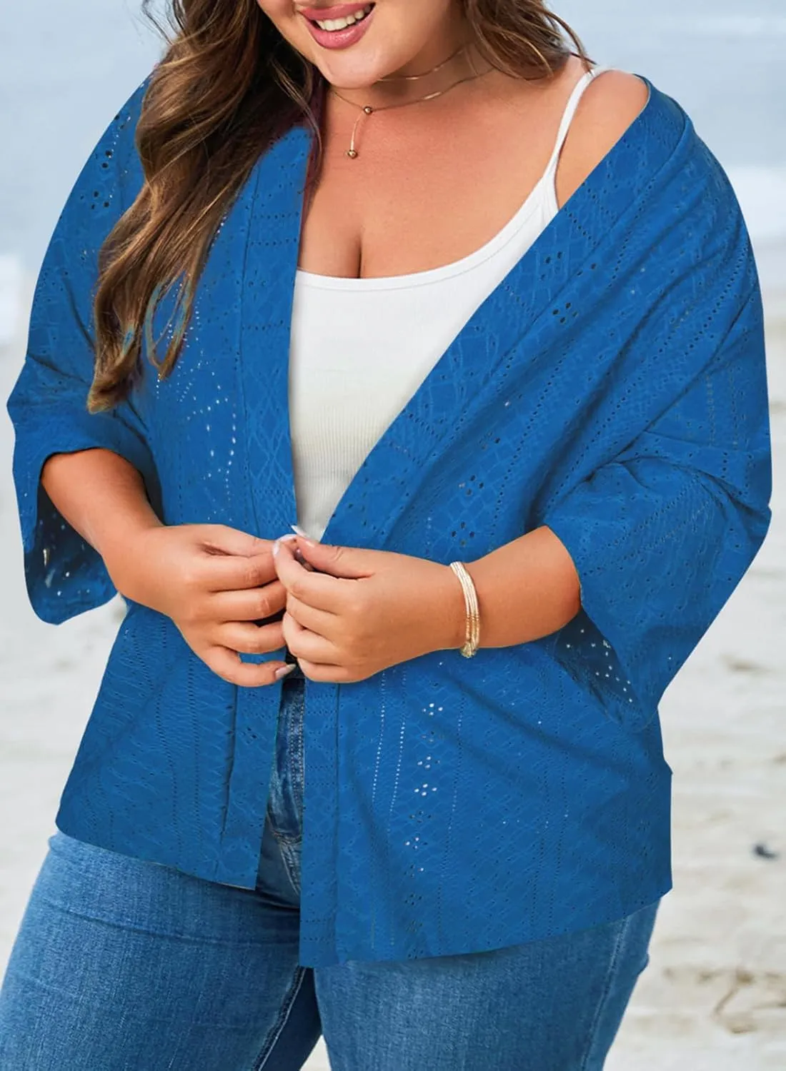 Eytino Plus Size Cardigan for Women Half Sleeve Knitted Jacquard Summer Kimono Cover up Tops(1X-5X)