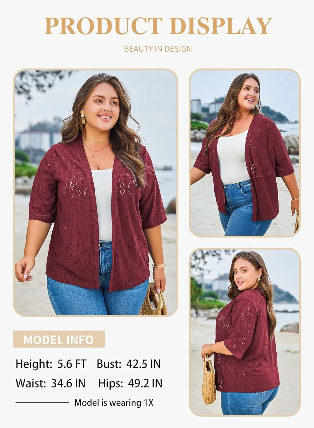 Eytino Plus Size Cardigan for Women Half Sleeve Knitted Jacquard Summer Kimono Cover up Tops(1X-5X)