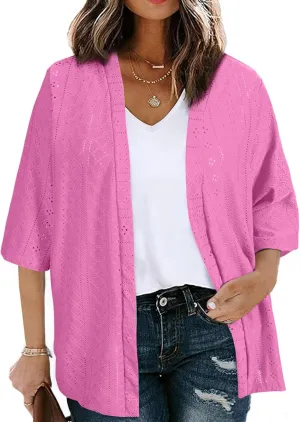 Eytino Plus Size Cardigan for Women Half Sleeve Knitted Jacquard Summer Kimono Cover up Tops(1X-5X)