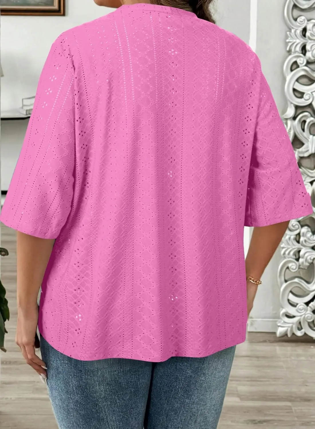 Eytino Plus Size Cardigan for Women Half Sleeve Knitted Jacquard Summer Kimono Cover up Tops(1X-5X)