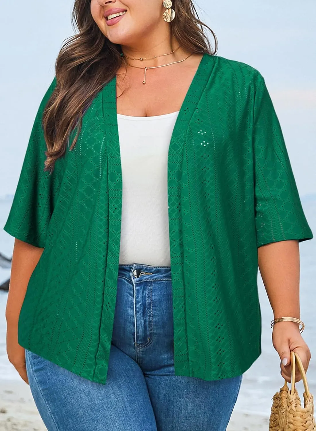 Eytino Plus Size Cardigan for Women Half Sleeve Knitted Jacquard Summer Kimono Cover up Tops(1X-5X)