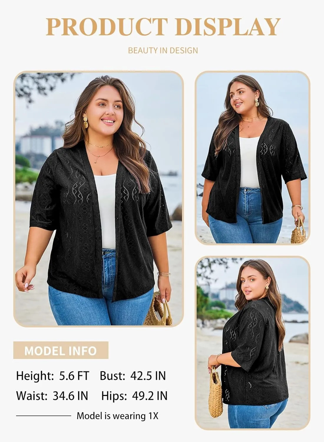 Eytino Plus Size Cardigan for Women Half Sleeve Knitted Jacquard Summer Kimono Cover up Tops(1X-5X)