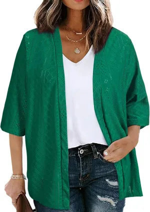 Eytino Plus Size Cardigan for Women Half Sleeve Knitted Jacquard Summer Kimono Cover up Tops(1X-5X)