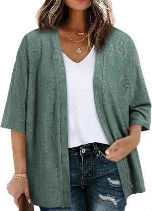 Eytino Plus Size Cardigan for Women Half Sleeve Knitted Jacquard Summer Kimono Cover up Tops(1X-5X)