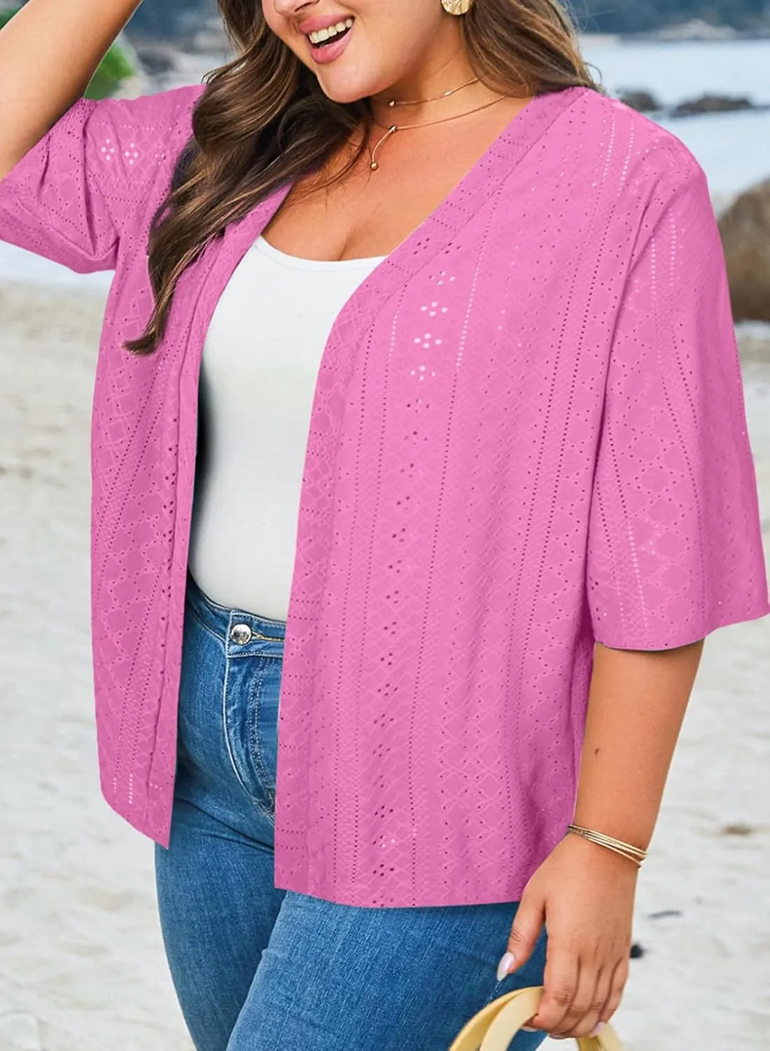 Eytino Plus Size Cardigan for Women Half Sleeve Knitted Jacquard Summer Kimono Cover up Tops(1X-5X)