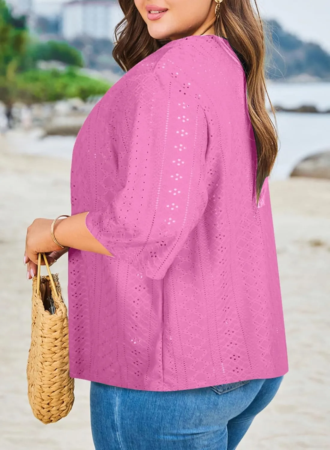 Eytino Plus Size Cardigan for Women Half Sleeve Knitted Jacquard Summer Kimono Cover up Tops(1X-5X)