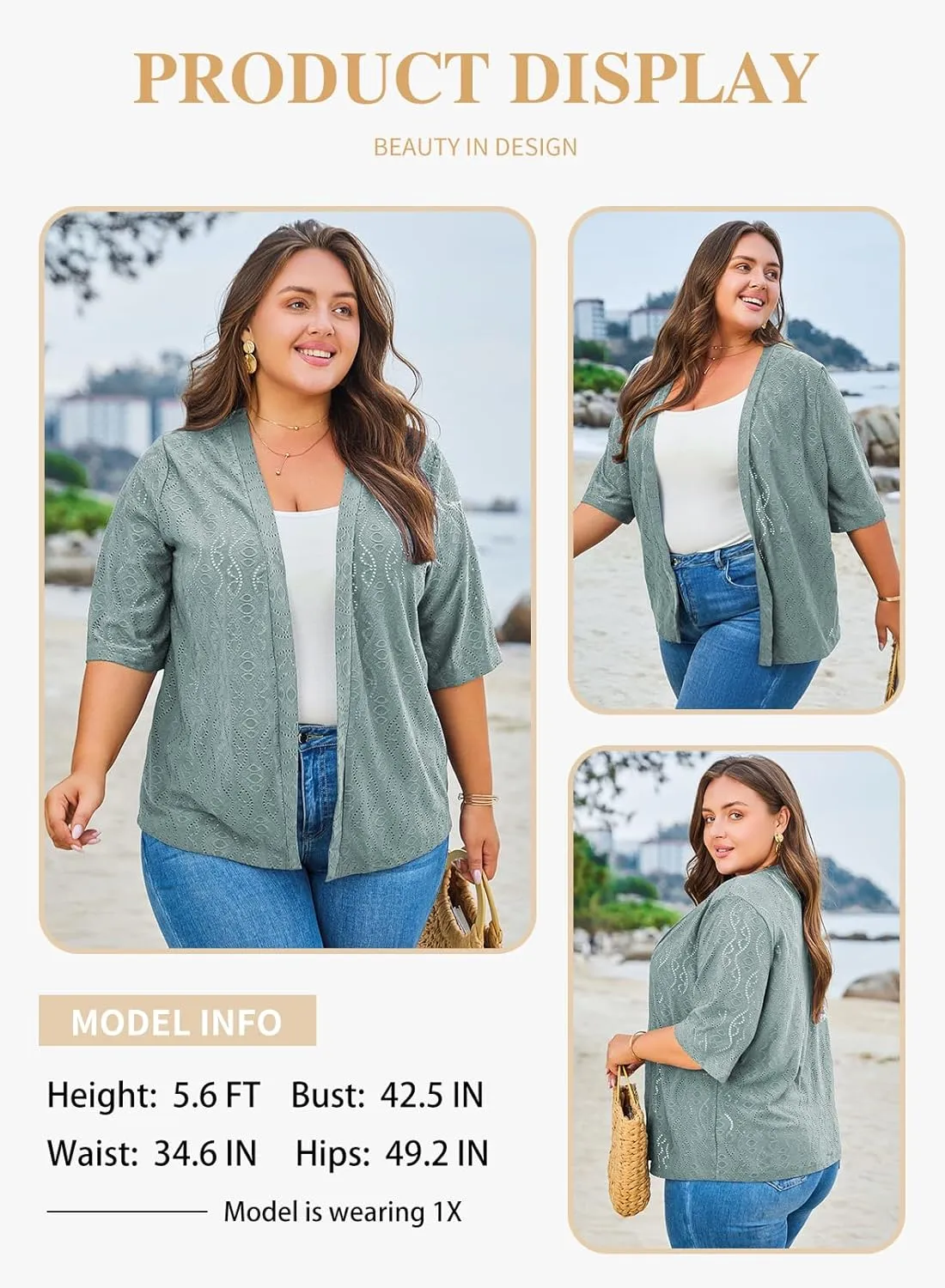 Eytino Plus Size Cardigan for Women Half Sleeve Knitted Jacquard Summer Kimono Cover up Tops(1X-5X)
