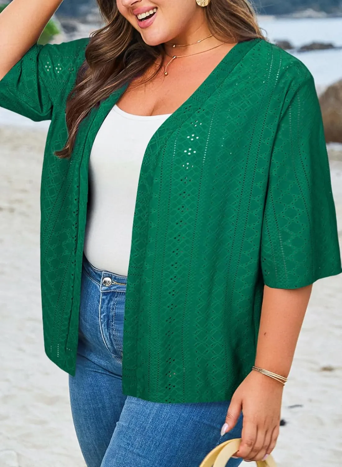 Eytino Plus Size Cardigan for Women Half Sleeve Knitted Jacquard Summer Kimono Cover up Tops(1X-5X)