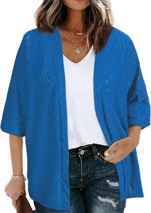 Eytino Plus Size Cardigan for Women Half Sleeve Knitted Jacquard Summer Kimono Cover up Tops(1X-5X)