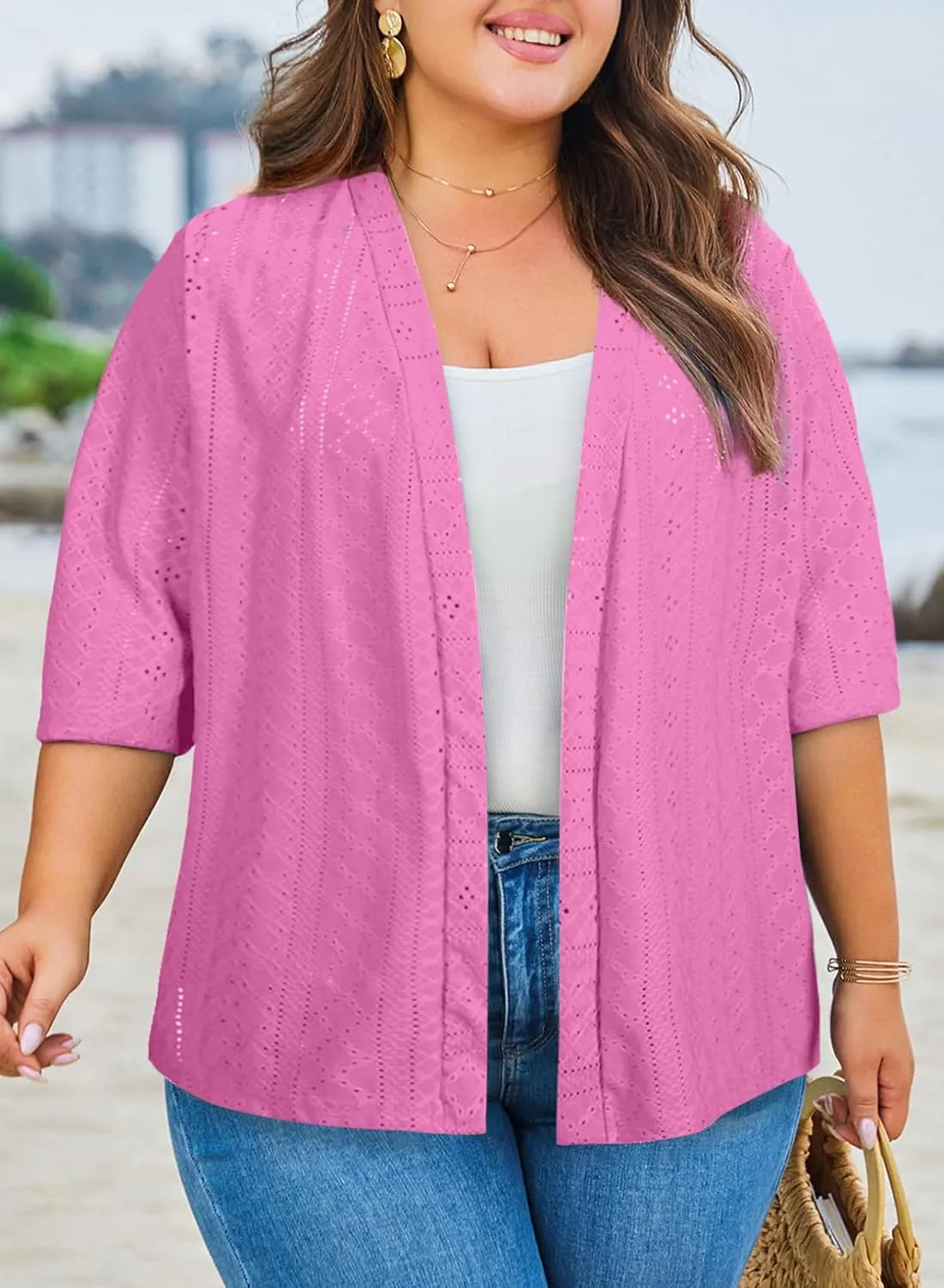 Eytino Plus Size Cardigan for Women Half Sleeve Knitted Jacquard Summer Kimono Cover up Tops(1X-5X)