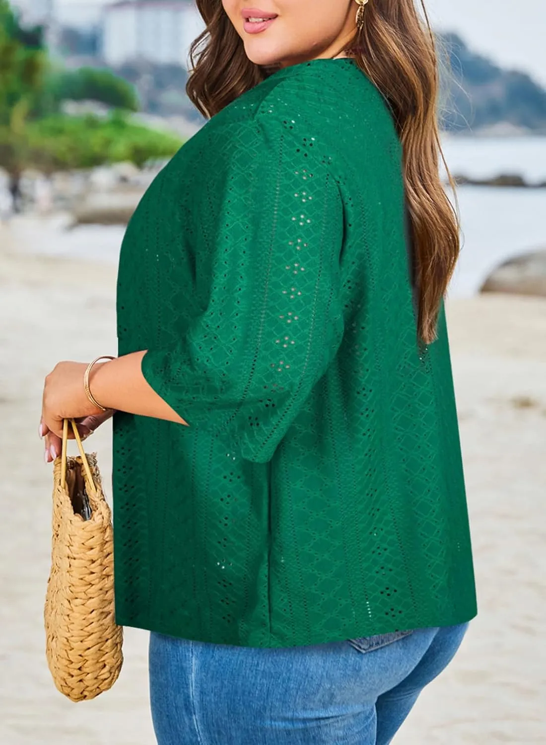Eytino Plus Size Cardigan for Women Half Sleeve Knitted Jacquard Summer Kimono Cover up Tops(1X-5X)
