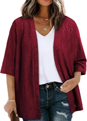 Eytino Plus Size Cardigan for Women Half Sleeve Knitted Jacquard Summer Kimono Cover up Tops(1X-5X)