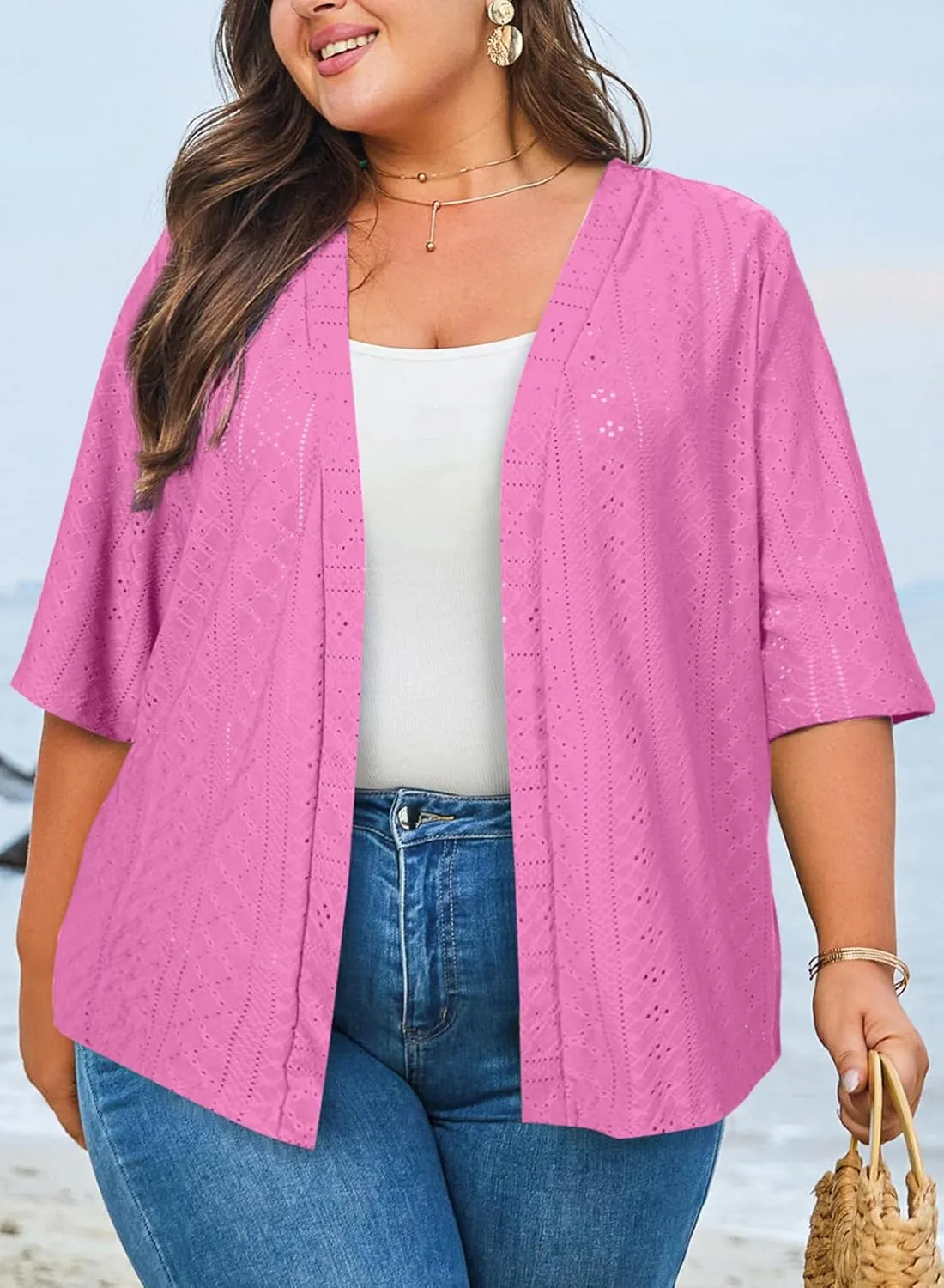 Eytino Plus Size Cardigan for Women Half Sleeve Knitted Jacquard Summer Kimono Cover up Tops(1X-5X)