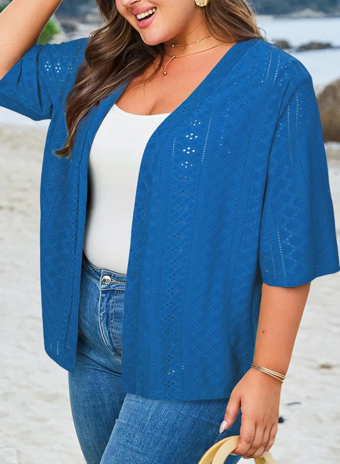 Eytino Plus Size Cardigan for Women Half Sleeve Knitted Jacquard Summer Kimono Cover up Tops(1X-5X)