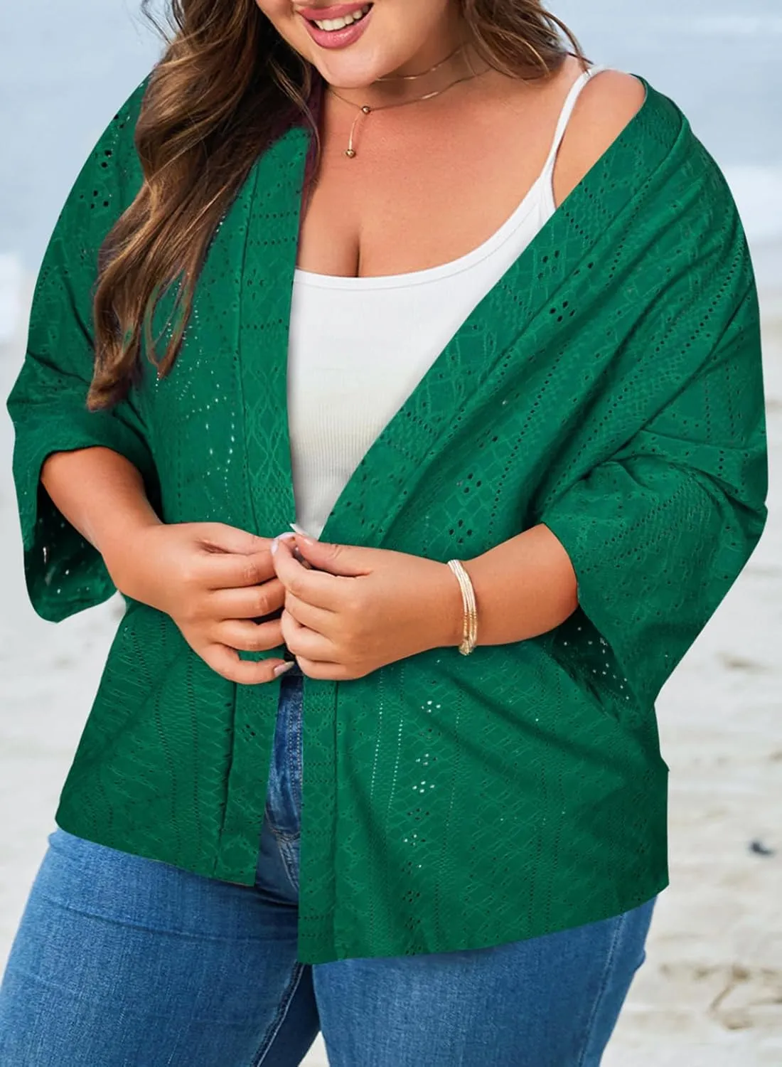 Eytino Plus Size Cardigan for Women Half Sleeve Knitted Jacquard Summer Kimono Cover up Tops(1X-5X)