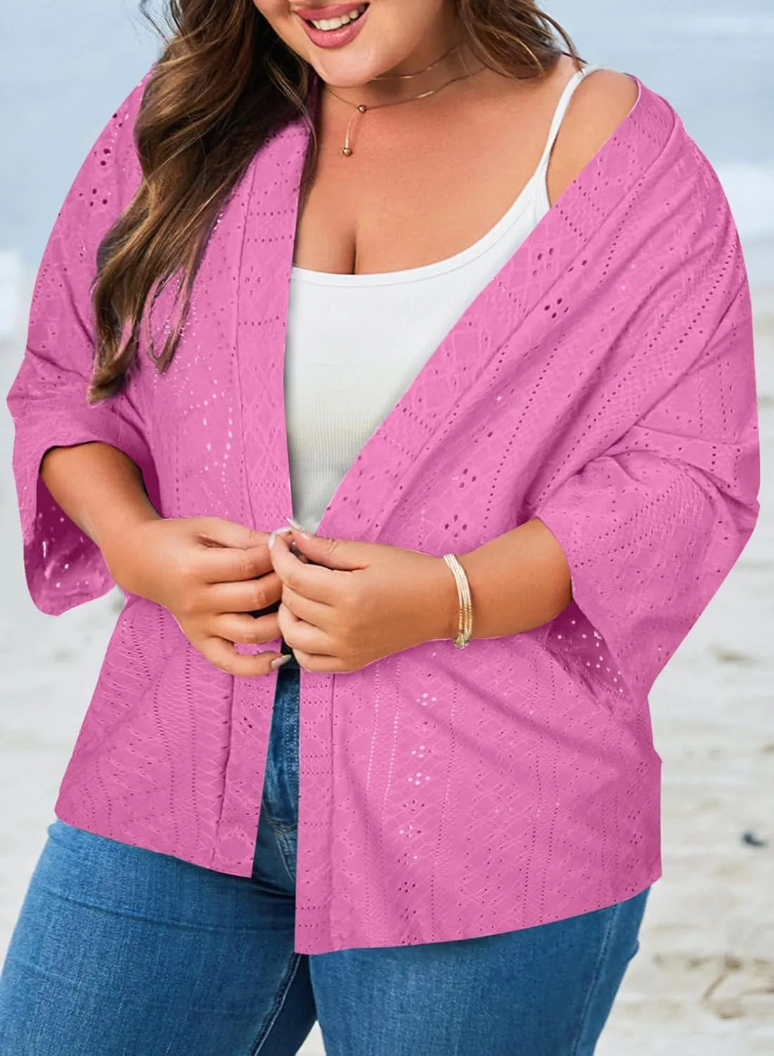 Eytino Plus Size Cardigan for Women Half Sleeve Knitted Jacquard Summer Kimono Cover up Tops(1X-5X)