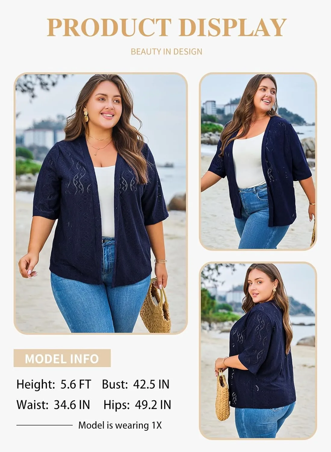 Eytino Plus Size Cardigan for Women Half Sleeve Knitted Jacquard Summer Kimono Cover up Tops(1X-5X)
