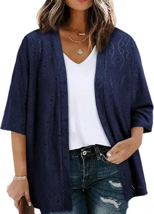 Eytino Plus Size Cardigan for Women Half Sleeve Knitted Jacquard Summer Kimono Cover up Tops(1X-5X)
