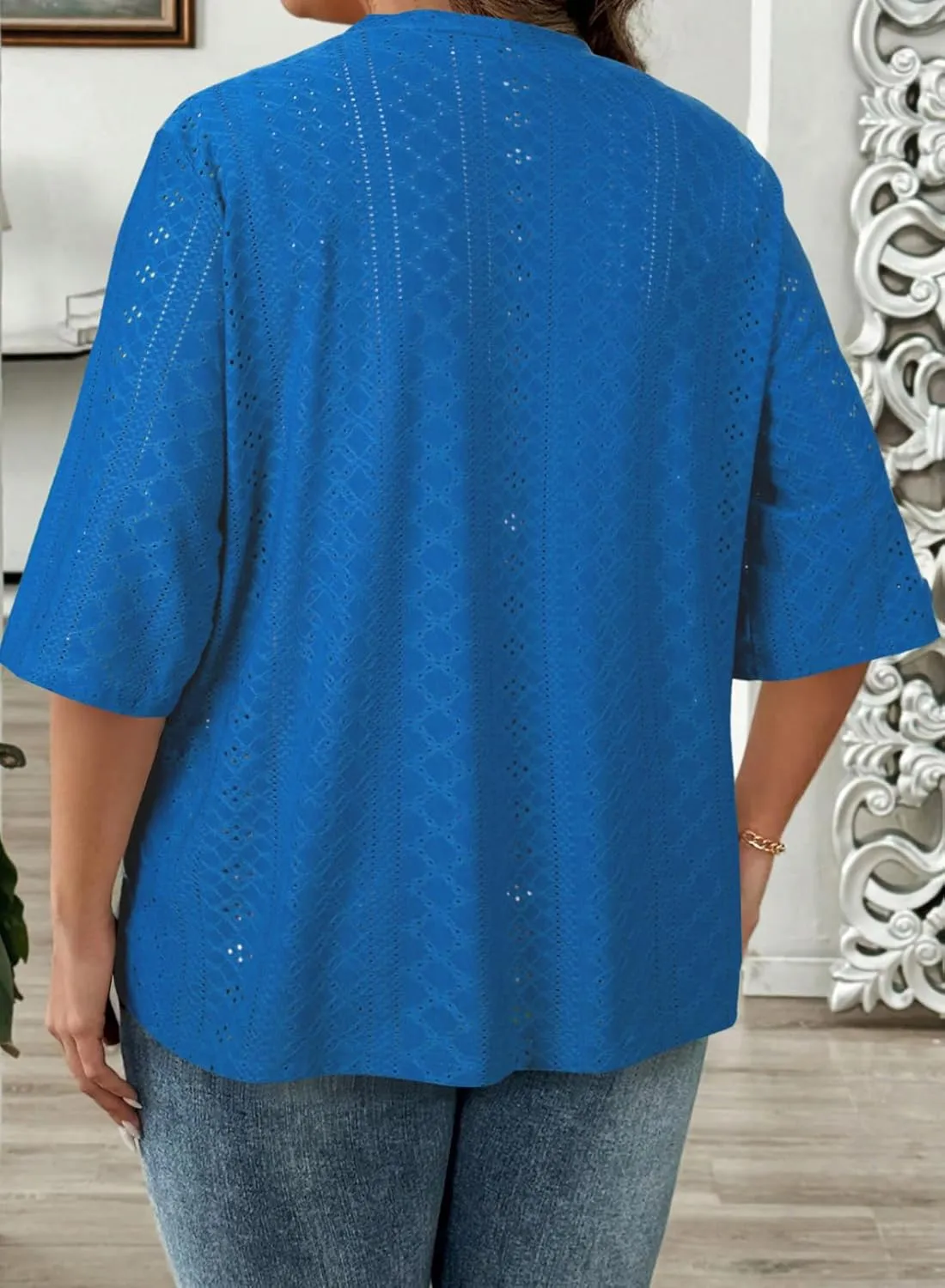 Eytino Plus Size Cardigan for Women Half Sleeve Knitted Jacquard Summer Kimono Cover up Tops(1X-5X)
