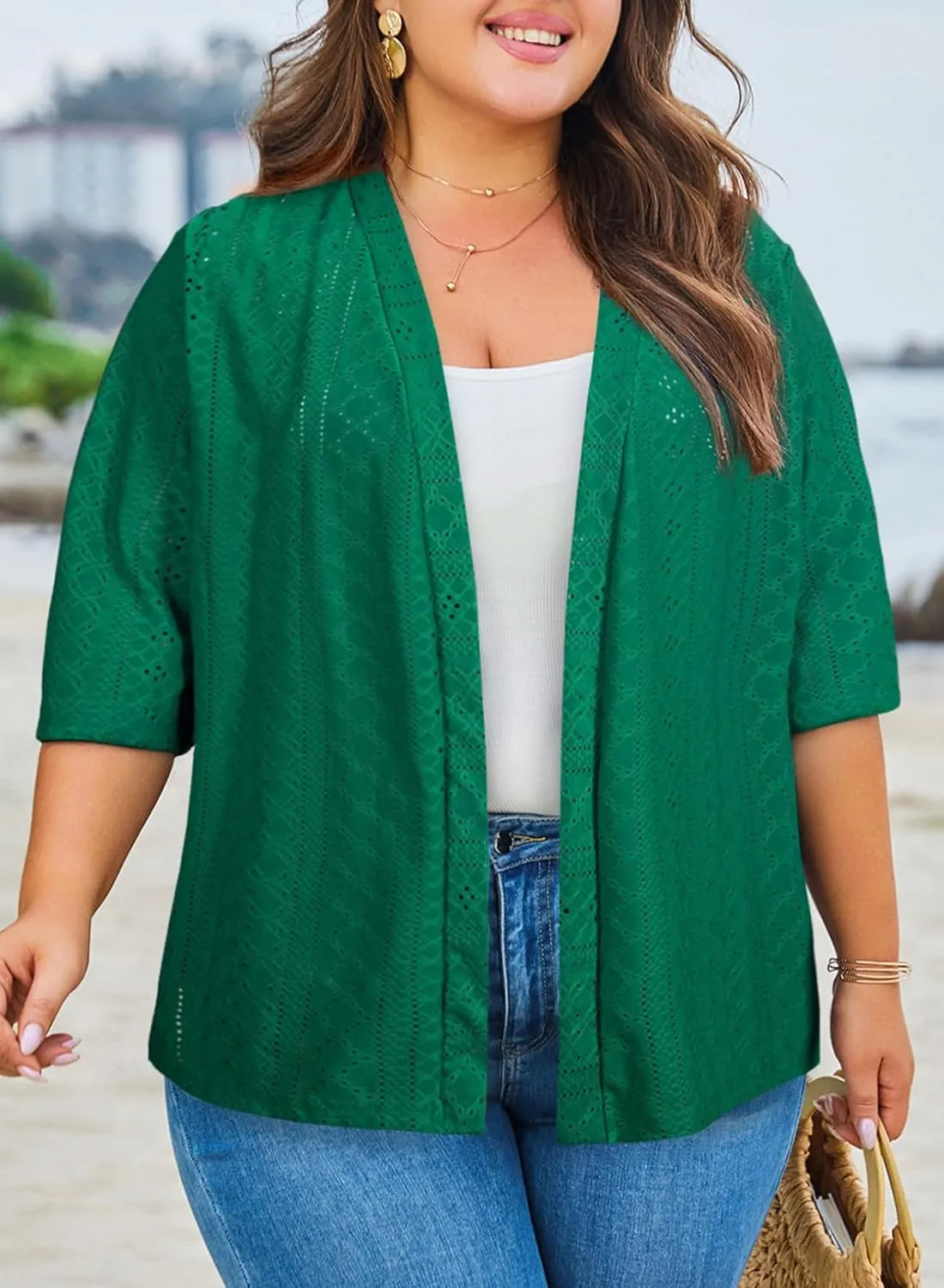 Eytino Plus Size Cardigan for Women Half Sleeve Knitted Jacquard Summer Kimono Cover up Tops(1X-5X)