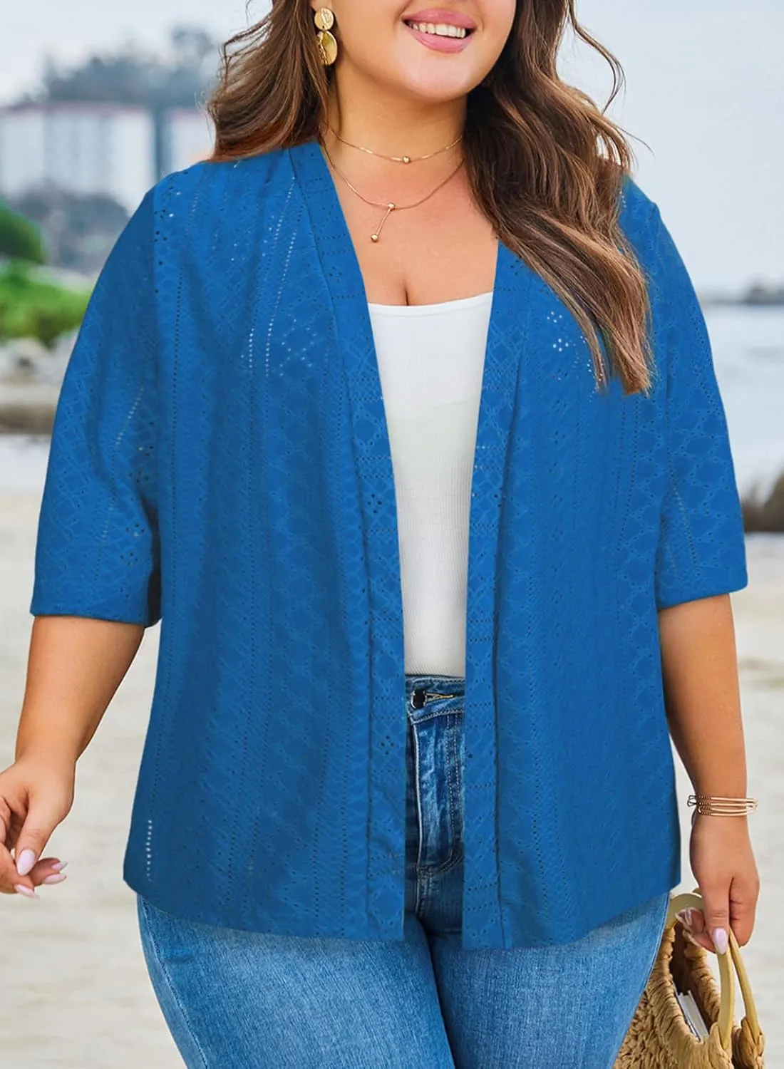 Eytino Plus Size Cardigan for Women Half Sleeve Knitted Jacquard Summer Kimono Cover up Tops(1X-5X)