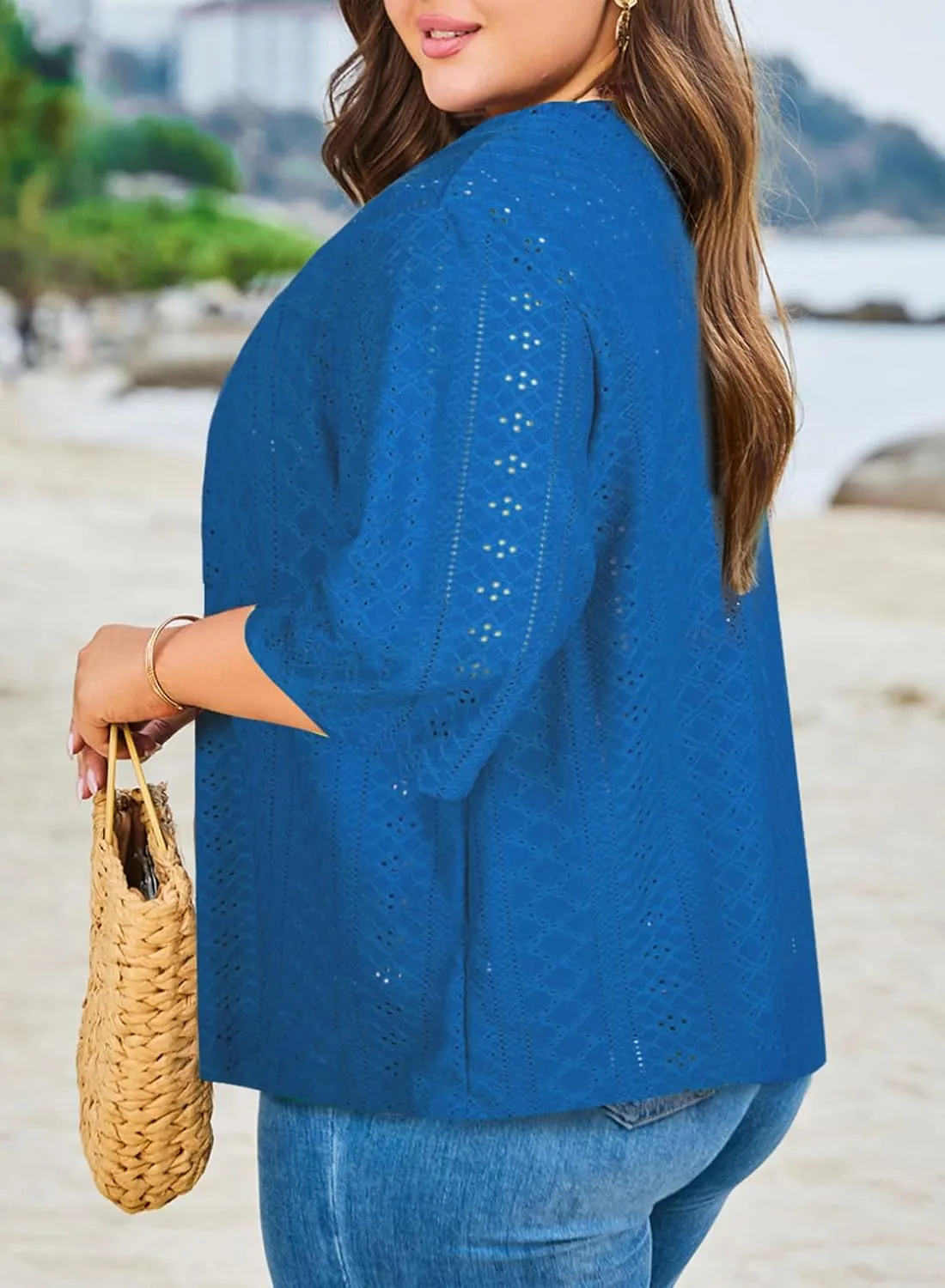 Eytino Plus Size Cardigan for Women Half Sleeve Knitted Jacquard Summer Kimono Cover up Tops(1X-5X)