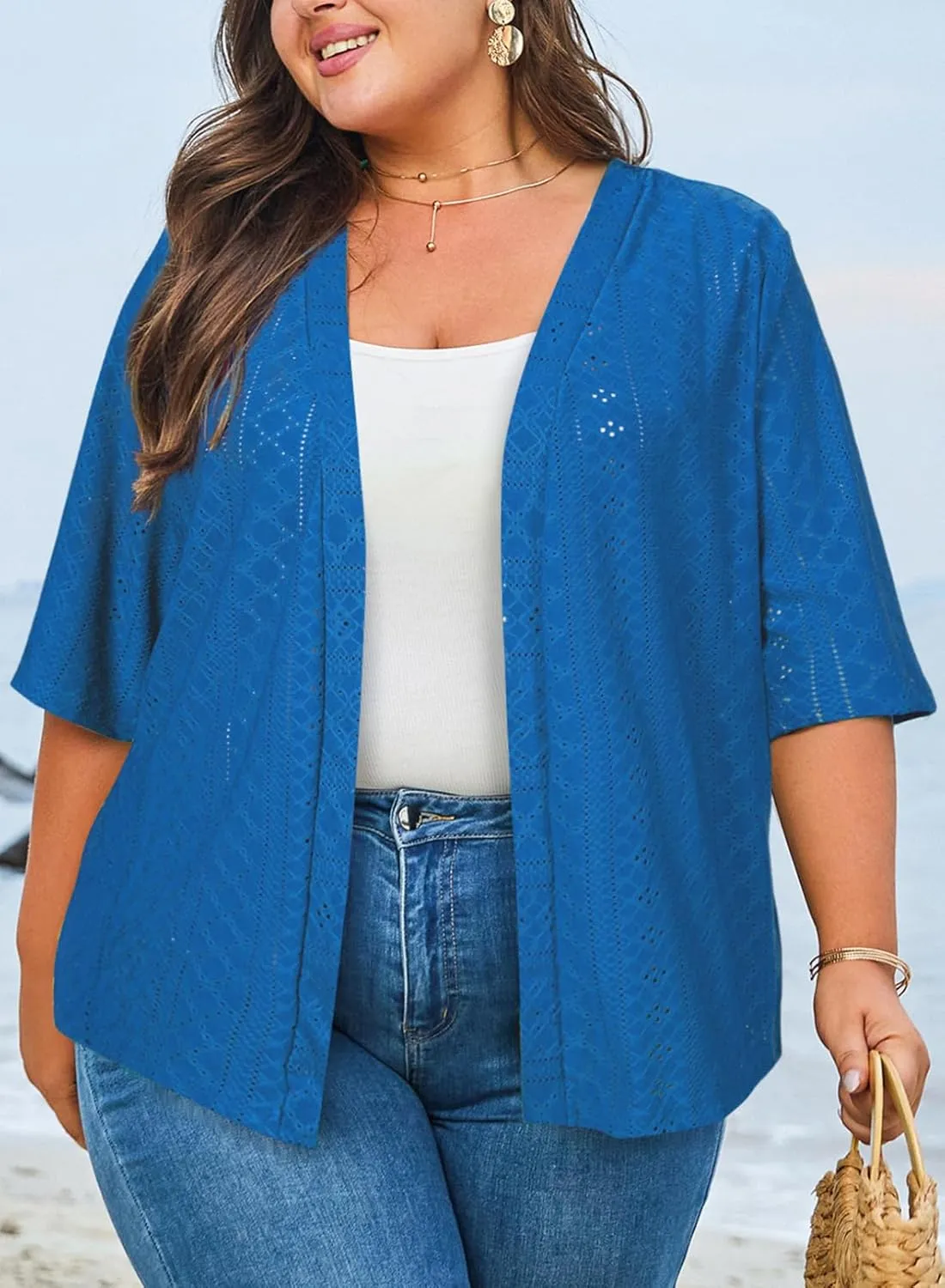 Eytino Plus Size Cardigan for Women Half Sleeve Knitted Jacquard Summer Kimono Cover up Tops(1X-5X)
