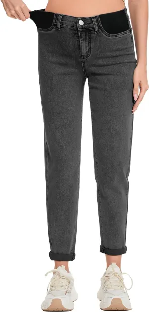 FABRACK Women's Maternity Jeans Mid-Rise Stretchy Boyfriend Jeans Under Belly Pregnancy Denim Pants with Elastic Inset Panel