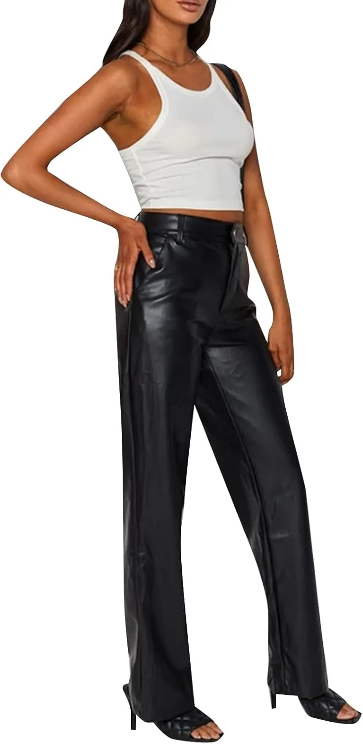 Faretumiya Faux Leather Straight Wide Leg Pants High Waist Casual Solid Color Zipper Pocket PU Trousers Women Streetwear Fall