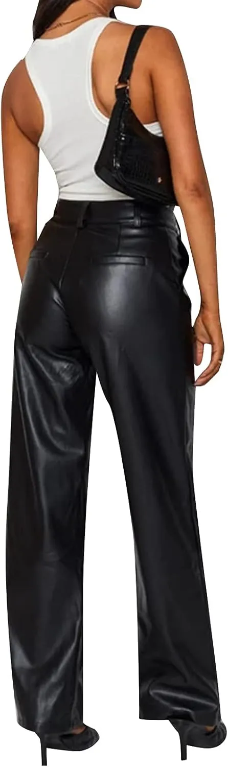 Faretumiya Faux Leather Straight Wide Leg Pants High Waist Casual Solid Color Zipper Pocket PU Trousers Women Streetwear Fall
