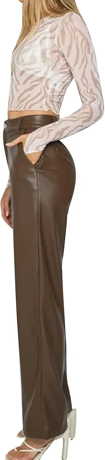 Faretumiya Faux Leather Straight Wide Leg Pants High Waist Casual Solid Color Zipper Pocket PU Trousers Women Streetwear Fall