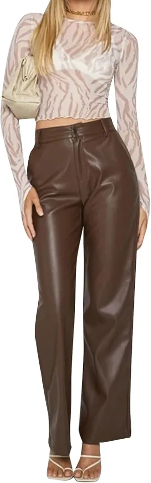 Faretumiya Faux Leather Straight Wide Leg Pants High Waist Casual Solid Color Zipper Pocket PU Trousers Women Streetwear Fall