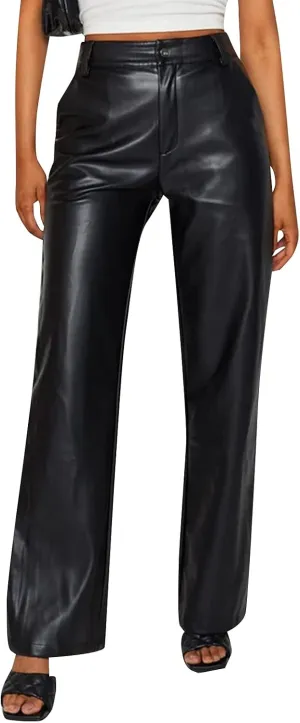 Faretumiya Faux Leather Straight Wide Leg Pants High Waist Casual Solid Color Zipper Pocket PU Trousers Women Streetwear Fall