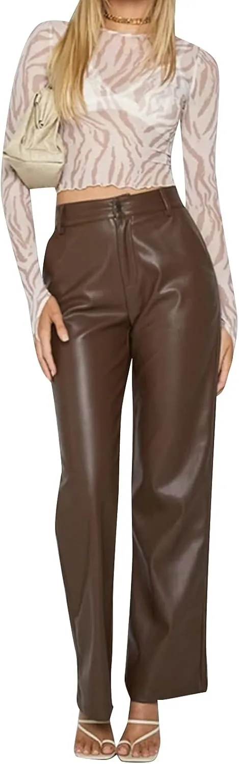 Faretumiya Faux Leather Straight Wide Leg Pants High Waist Casual Solid Color Zipper Pocket PU Trousers Women Streetwear Fall