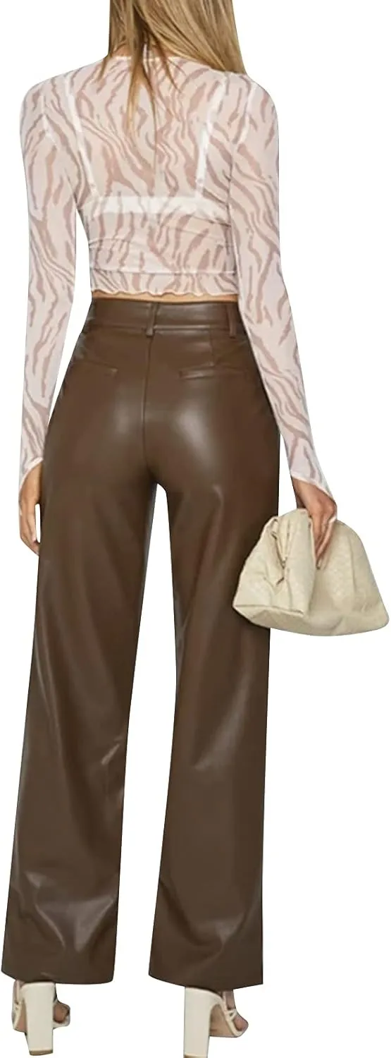 Faretumiya Faux Leather Straight Wide Leg Pants High Waist Casual Solid Color Zipper Pocket PU Trousers Women Streetwear Fall